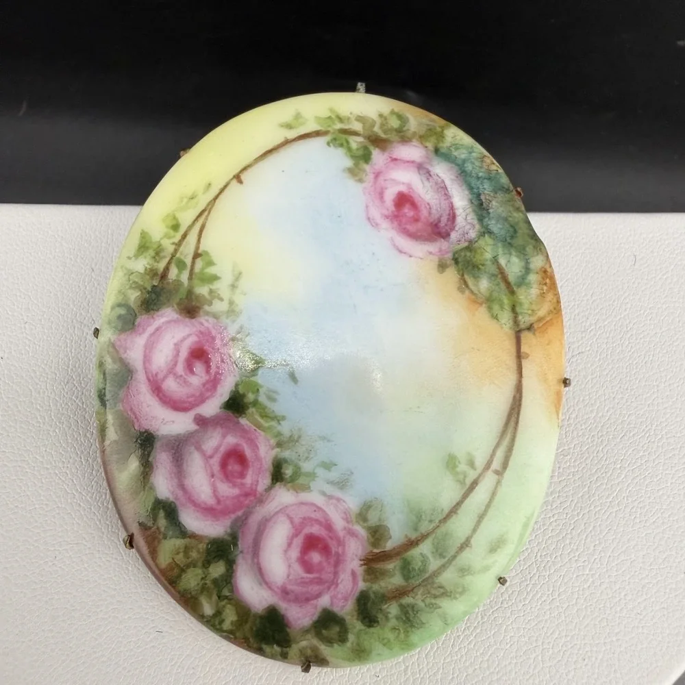 Vintage‎ Porcelain Brooch Hand Painted Flowers Roses Pink Yellow